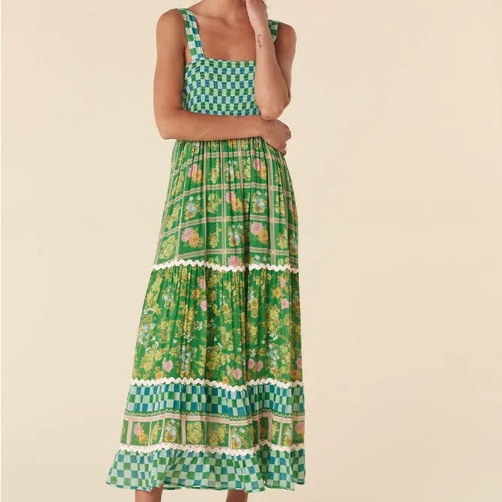 SPELL FLORA STRAPPY MAXI DRESS GREEN MULTI SIZE small